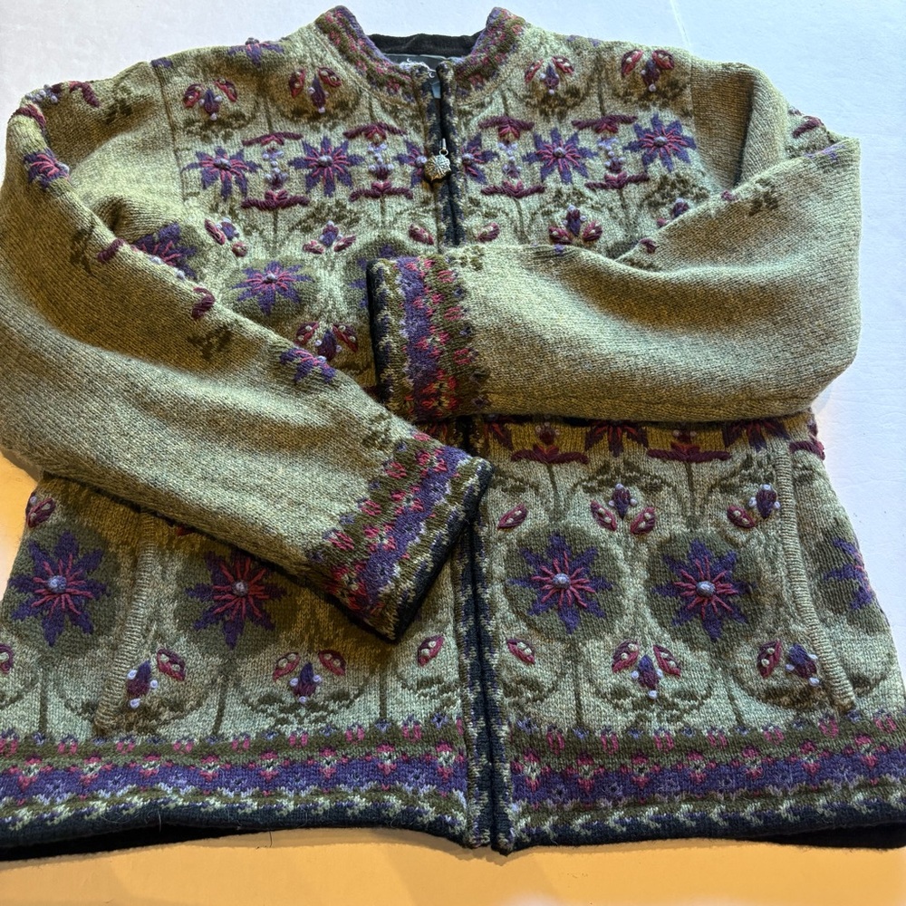 Icelandic Design Women's Full zip Wool Sweater Green/Purple Multi Size Medium - Picture 4 of 10